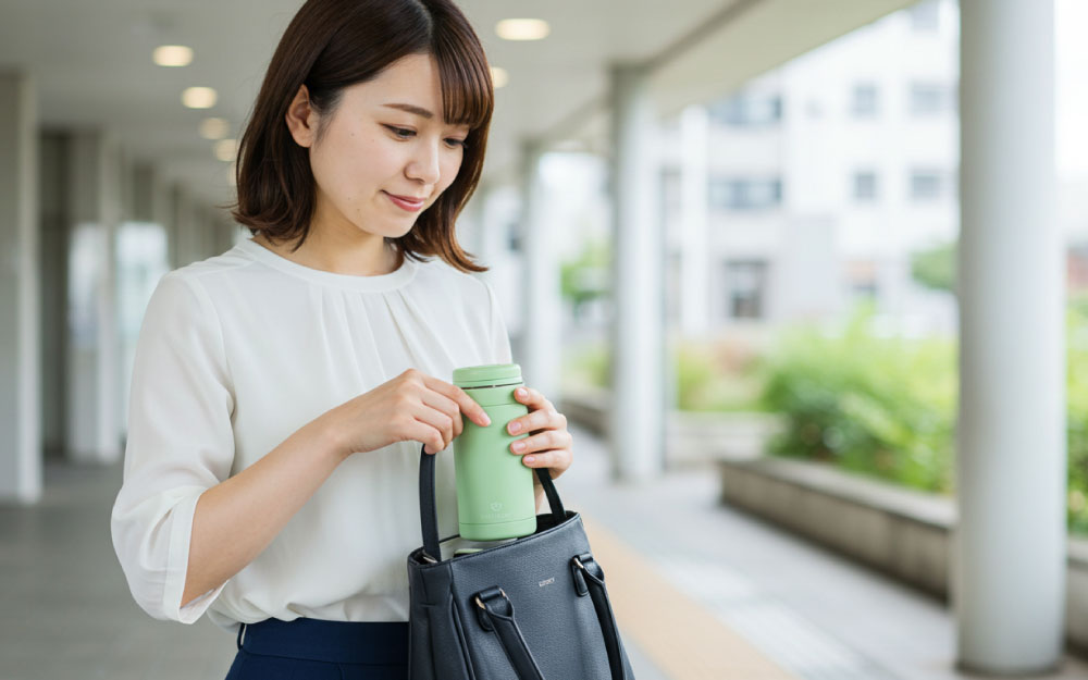 マグボトルにお気に入りのルイボスティーを入れ飲み物代を節約する女性