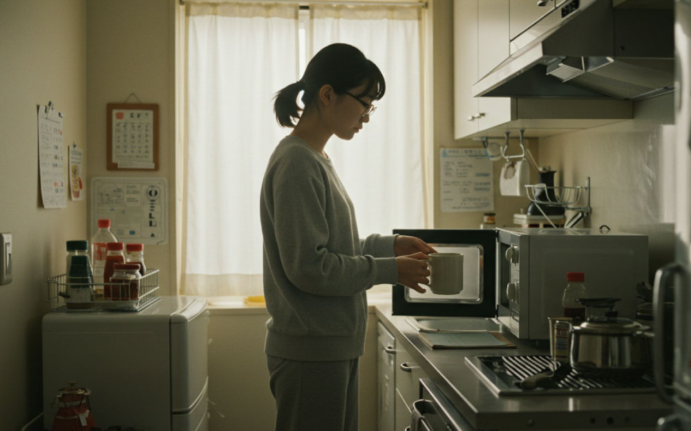 一人暮らしの女性がレンジでお湯をチンして温かいお茶のむ様子