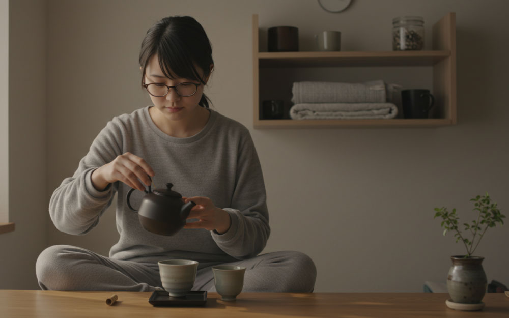 一人暮らしの女性が急須で温かいお茶を淹れている
