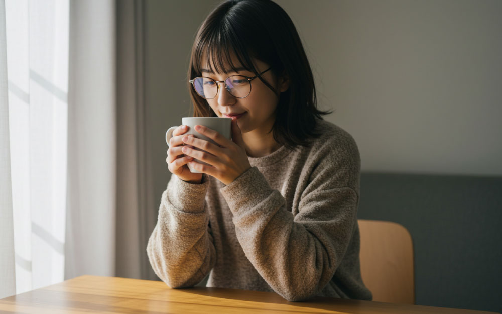 一人暮らしの女性が温かいお茶のんでホッコリしている