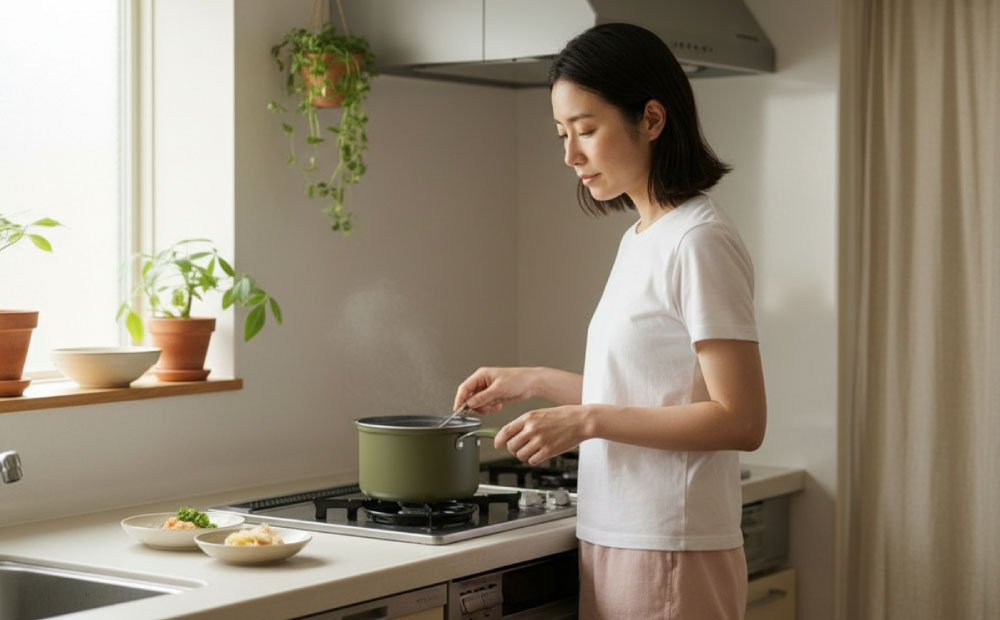 日常使いできるエコな防災グッズ_マルチポットで料理する女性