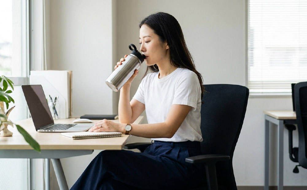 水出しコーヒーのコストを比較_職場でマイボトルに入れたコーヒーを飲む女性