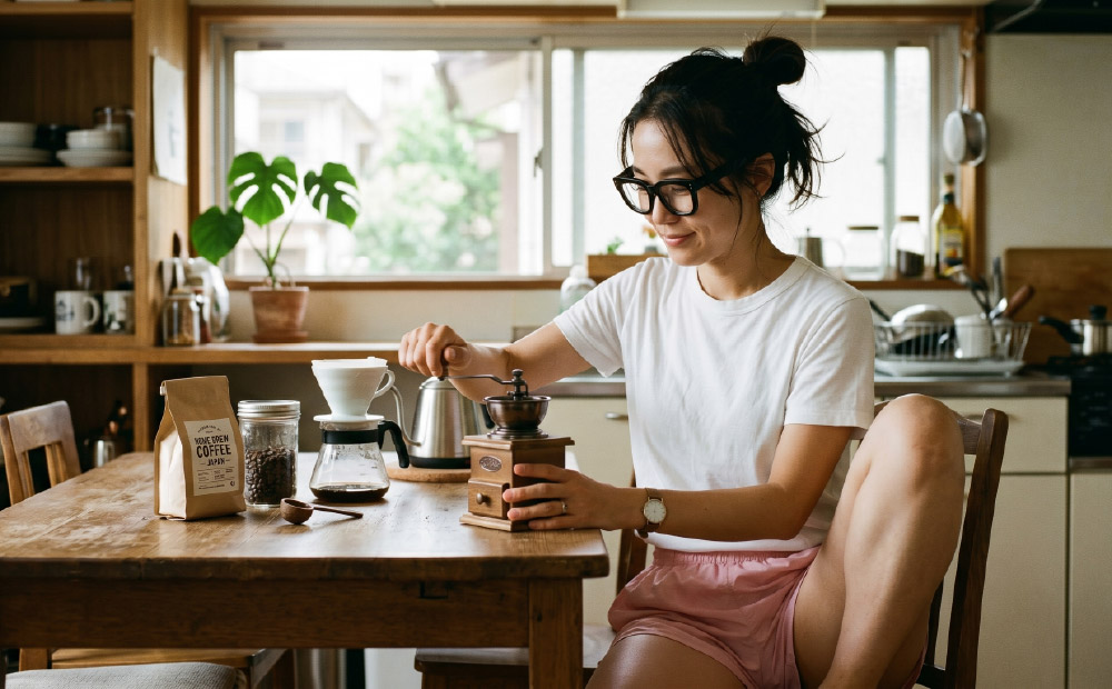 水出しコーヒーのコストを比較_自宅でコーヒー豆を挽く女性