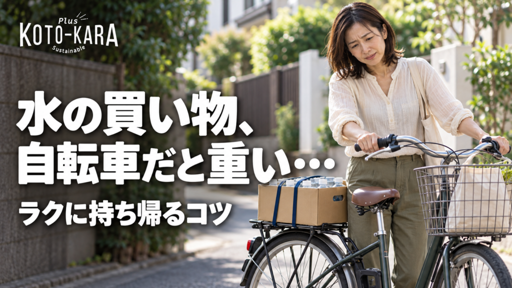 水の買い物で重いペットボトルを荷台に載せ、自転車を押す女性